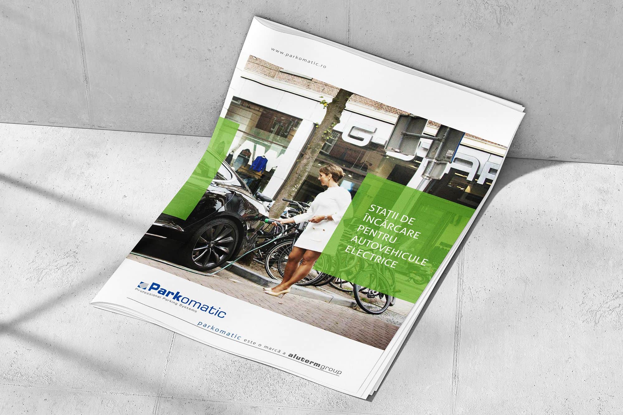 Conception graphique pour la station de véhicules électriques de Parkomatic, fournisseur roumain ; conception graphique de brochures et de catalogues
